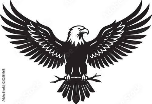 Majestic bald eagle silhouette with spread wings perched on branch vector illustration