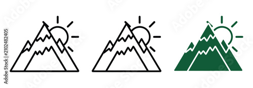 Cuadro en lienzo Mountain sunrise icons featuring scenic landscape and adventure symbols with cle