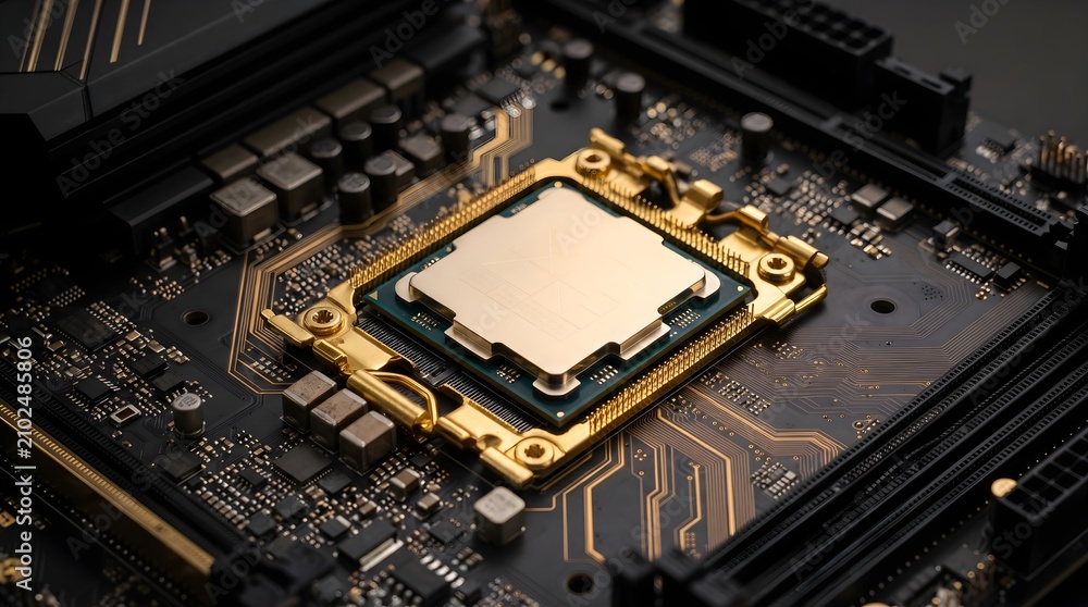 Fototapeta premium Close-up of a golden CPU processor chip mounted on a dark motherboard, highlighting advanced computer hardware and technology