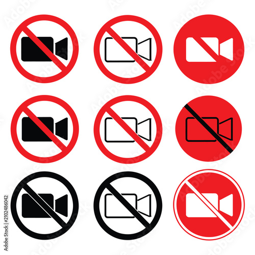 Video prohibited icon set vector set, blocked camera symbols, no video signs, privacy protection