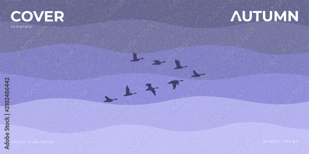 Fototapeta premium Autumn Cover Template with Flying Birds. Modern autumn vector illustration with flock of flying birds on layered blue waves of sky. Ideal for seasonal banners, social media, presentations, branding.