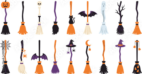 Photography Halloween witch broomstick vector set with spooky elements