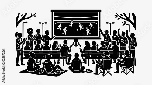 Fotografie Silhouette of outdoor movie night with audience and screen.