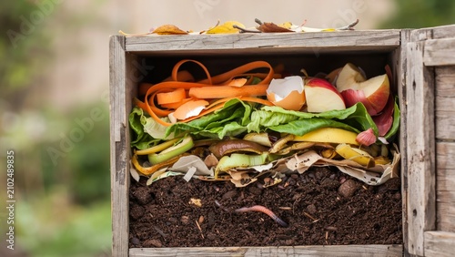 Wooden compost bin filled with fresh fruit and vegetable scraps, eggshells and dark soil with a visible earthworm, organic recycling and zero waste gardening concept for gentle sustainable composting