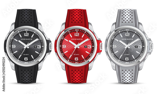 Realistic steel watch chronograph black red white set collection rubber strap on white background design modern luxury for men fashion vector