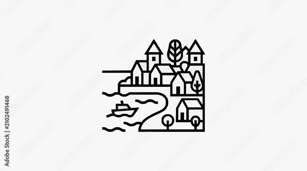 Fototapeta premium Sleek Black and White Minimalist of a Quaint Village Surrounded by Nature and a River with high quality professional line art symbols for modern creative design and digital branding projects