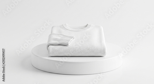 Clean white folded knitted sweater on a round white podium against a bright white background with copy space minimal fashion