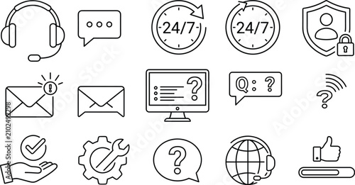 Obraz na plátně Customer service vector element set with line art icon illustrations of support headset, technical support gear, 24/7 assistance clock, global communication, and email notifications
