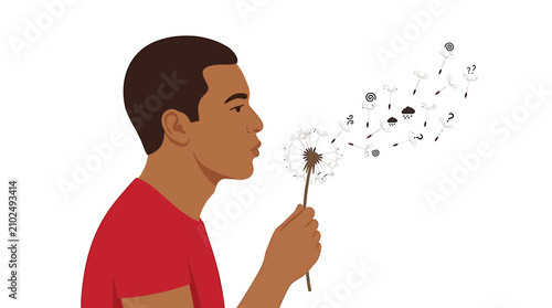 Foto Man Blowing Dandelion Seeds to Release Worries