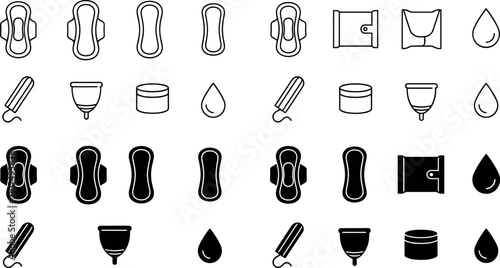 Comprehensive Set of Feminine Hygiene and Menstrual Care Product Icons Featuring Various Styles of Sanitary Pads, Tampons, Menstrual Cups, Packaging, and Drop Symbols in Both Outline and Solid Designs