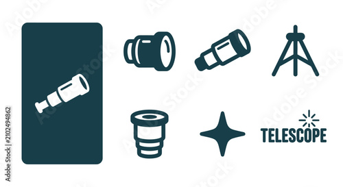 Obraz na plátne Minimalist dark teal telescope icon set including flat vector illustrations of tripod, lens, eyepiece, and star