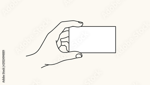 Linear drawing of a hand holding a blank white business card is displayed against a clean background.