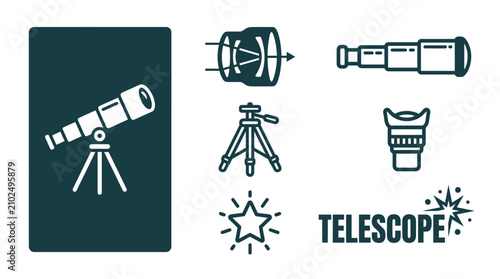 Картината върху платно Minimal dark teal telescope icon set with flat vector illustrations of a lens, tripod, eyepiece, and star