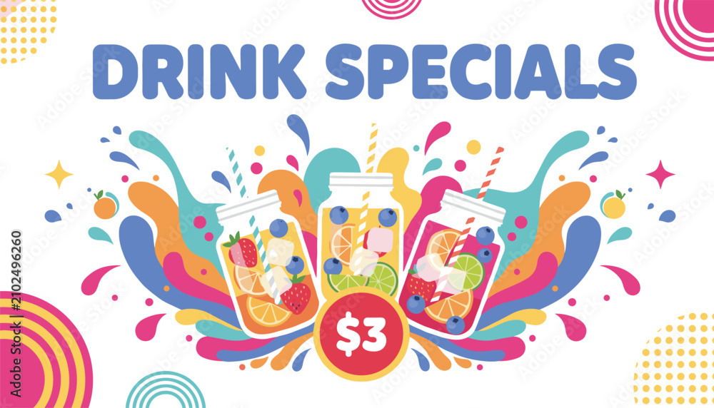 Fototapeta premium Drink specials promotional banner offers delicious fruit cocktails in mason jars for three dollars.