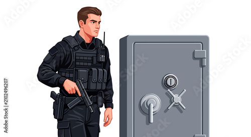 Tableau sur toile Male Armed Guard Pacing Near Locked Safe
