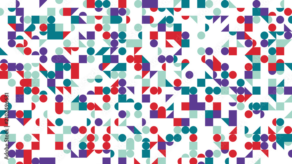 Fototapeta premium Colorful geometric confetti pattern scattered on white background with vibrant shapes