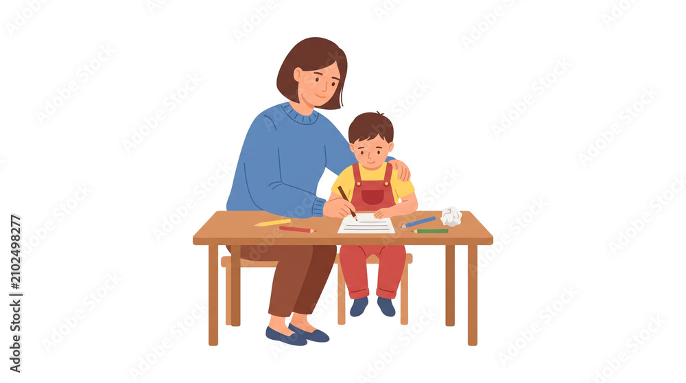 Fototapeta premium Mother helping her child with homework at a wooden desk.