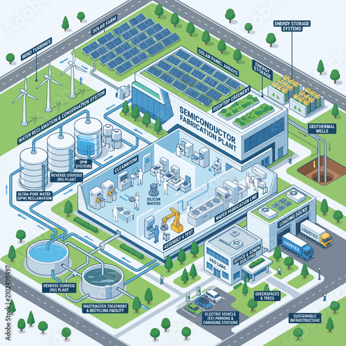 Isometric illustration of a modern sustainable semiconductor fabrication plant.