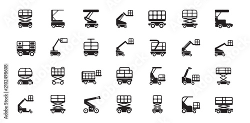 Industrial Lift Equipment Icons Set Featuring Scissor Lifts and Cherry Pickers