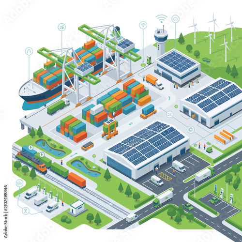 Isometric illustration of a sustainable green logistics port terminal.