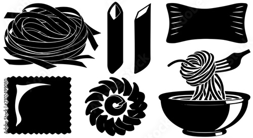 Foto Italian Pasta Shapes Collection, Black and White Vector Icons: Fettuccine Nest,