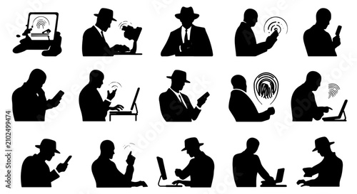 Silhouette Icons: Detective, Spy, Businessman with Laptop, Phone, and Gadgets; Retro Style Vector Set