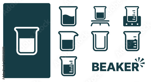 Fotografía Minimal dark teal beaker icon set featuring various laboratory glassware designs, flat vector SVG style illustrations on white background for science, chemistry, and research projects