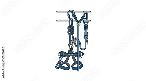 Valokuva Illustration of climbing gear and carabiners hanging on a rack.