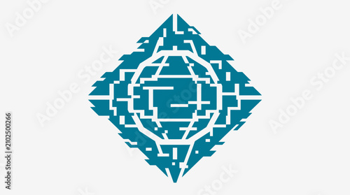 Blue diamond shaped pixelated globe logo on white.