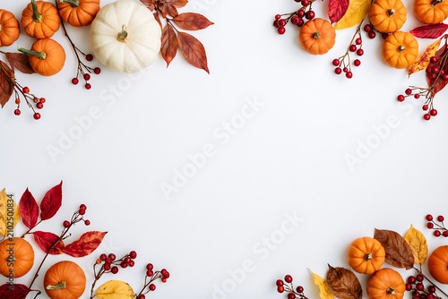 Fall seasonal border with miniature pumpkins and red berries on a clean white background for autumn design