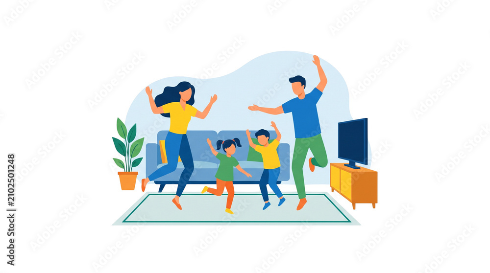 Fototapeta premium Happy family jumping and dancing together in their living room.