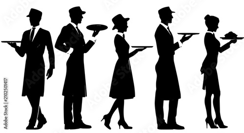 Canvas Print Restaurant Staff Silhouettes, Waiter and Waitress Vector Icons, Hospitality Serv
