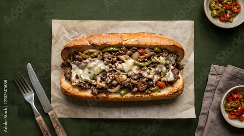 Authentic American Philly cheesesteak sandwich filled with thinly sliced beef, American Food