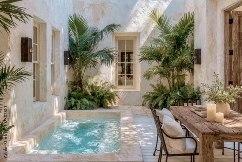 Mediterranean courtyard featuring a small rectangular pool surrounded by lush greenery and a wooden dining table with candles, creating a serene outdoor living space