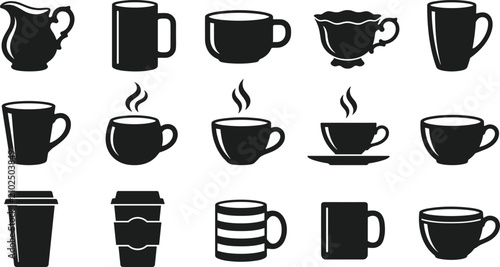 Cuadro en lienzo Coffee cup and tea mug black silhouette set with hot drinks disposable cups and