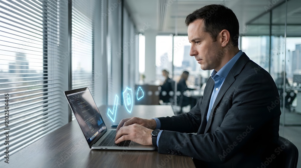 Fototapeta premium Businessman using laptop with cybersecurity holograms for data protection in modern office.