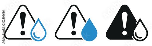 Water warning icon vector set, water hazard symbols, contamination alerts, flood danger signs, environmental protection elements, safety notification concept