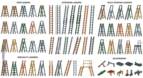 Photos Aluminum and wooden ladder types collection with industrial equipment