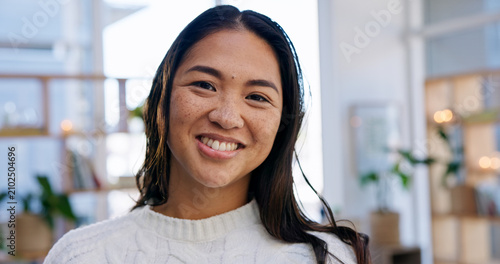 Fotografía Calm, portrait and woman in house with smile, positive attitude and feel good on weekend break