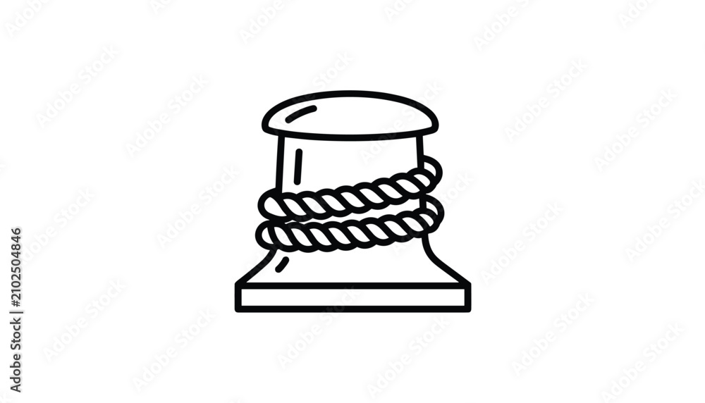Naklejka premium Mooring bollard with thick rope wrapped around it in simple black outline vector illustration style on white background.