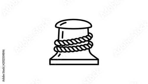 Mooring bollard with thick rope wrapped around it in simple black outline vector illustration style on white background.