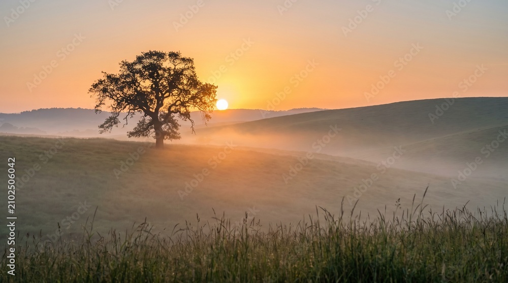 Fototapeta premium A lone tree standing in a misty landscape during sunrise with golden morning light. Perfect for themes of tranquility, nature, countryside, scenic beauty, and peaceful outdoor environments