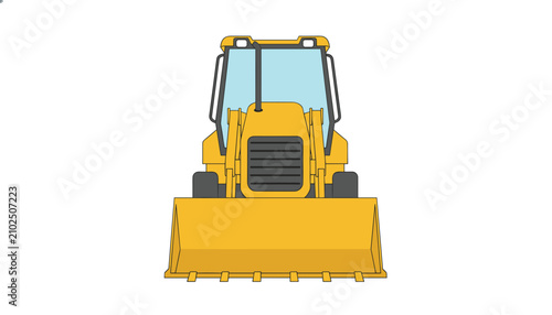 Powerful yellow industrial excavator or bulldozer heavy construction machinery depicted in frontal flat cartoon style.