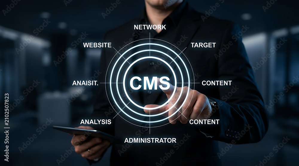 Fototapeta premium Business person touching CMS interface content management system network concept