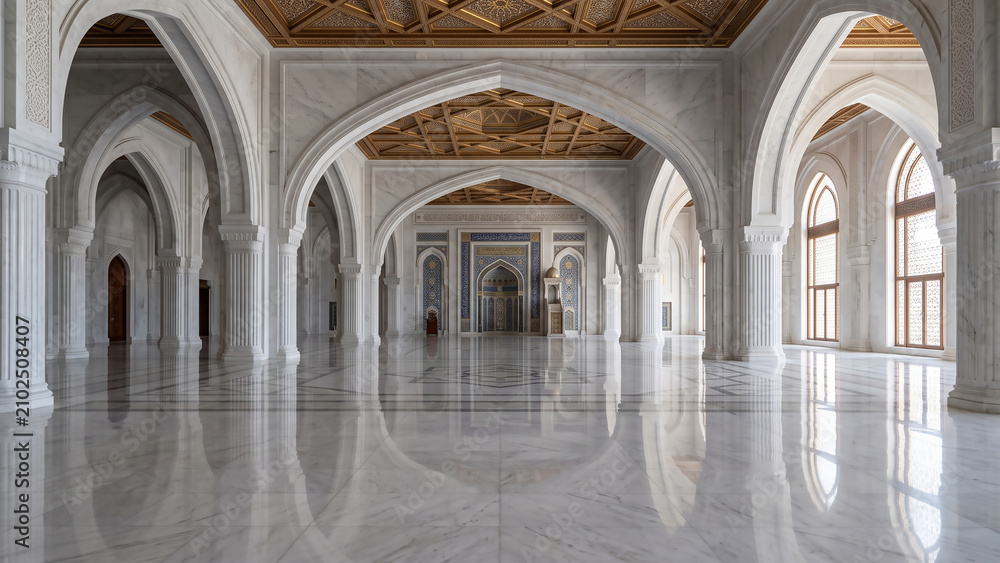 Obraz premium Expansive Islamic prayer hall featuring polished marble floors, elegant arches, abundant natural light, and refined architectural symmetry.