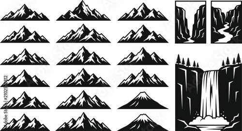 Quadro su tela Mountain peaks canyon river and waterfall landscape elements black silhouette me