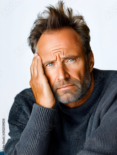 Portrait of a worried mature adult caucasian man with hand on head isolated on white background