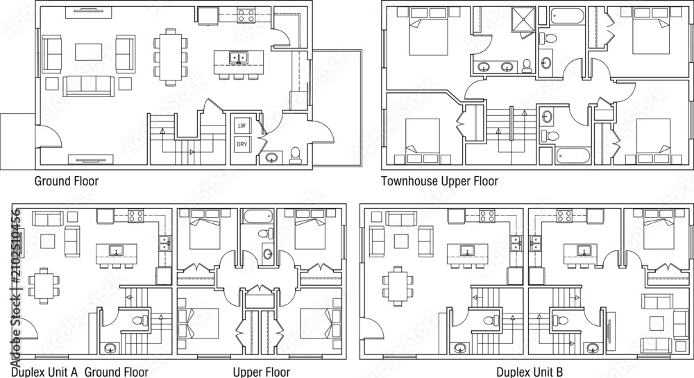 Fototapeta premium Architectural Residential Floor Plan Collection Featuring Townhouse and Duplex Home Layout Blueprints with Detailed Interior Room Design