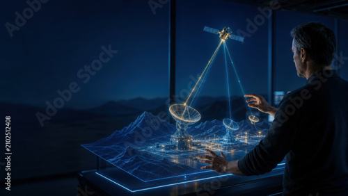 Satellite Ground Systems Engineer Inspecting Holographic Antennas Signal Beams and Orbiting Spacecraft
