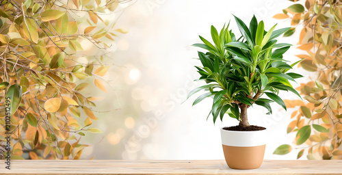 Green potted houseplant on a wooden table against a bright blurred autumn leaves background with copy space